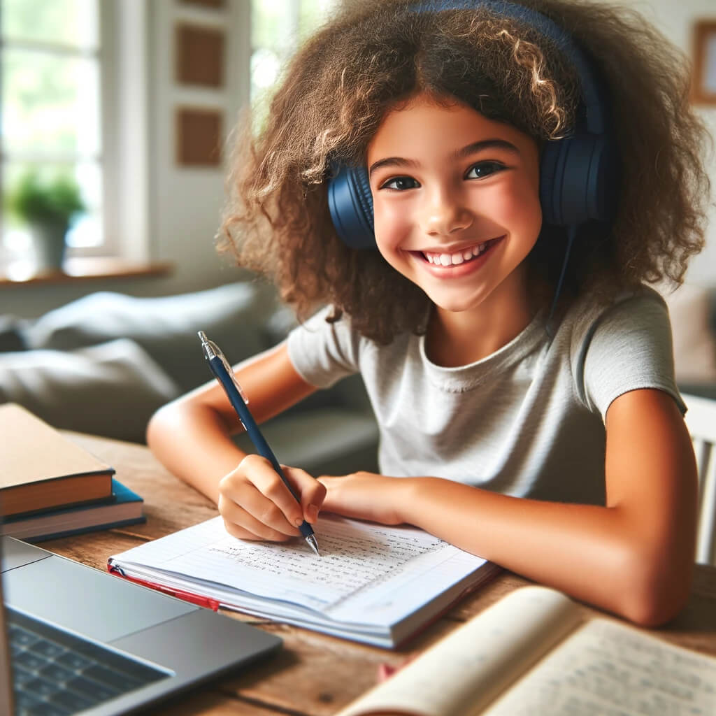 young girl with curly hair, wearing headphones and working on her school assignments at home. She is sitting at a desk with an